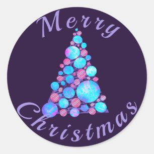 Merry Christmas Purple Tree w/ Abstract Baubles Classic Round Sticker