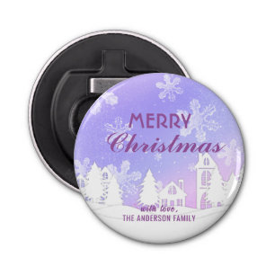 Merry Christmas Purple White House Snowflakes  Bottle Opener
