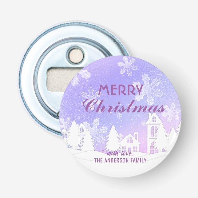 Merry Christmas Purple White House Snowflakes  Bottle Opener (Front)