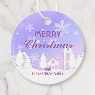 Merry Christmas Purple White House Snowflakes Favo Favour Tags
