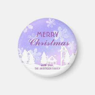 Merry Christmas Purple White House Snowflakes  Magnet
