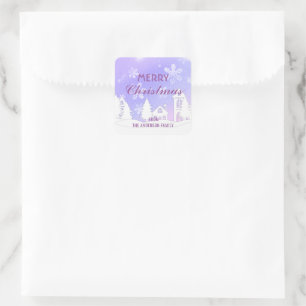 Merry Christmas Purple White Snow House Square Sticker