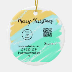Merry Christmas QR code business yellow green wate Ceramic Ornament