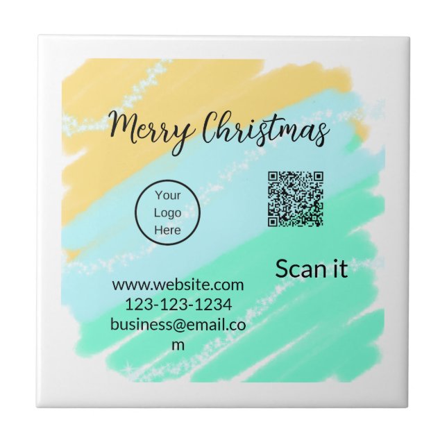 Merry Christmas QR code business yellow green wate Ceramic Tile (Front)