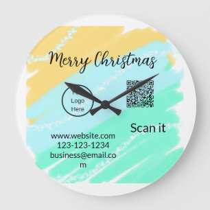 Merry Christmas QR code business yellow green wate Large Clock