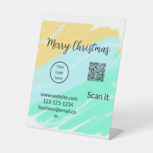 Merry Christmas QR code business yellow green wate Pedestal Sign