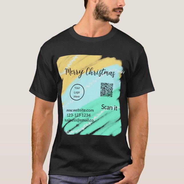 Merry Christmas QR code business yellow green wate T-Shirt (Front)