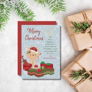 Merry Christmas Quote Cute Santa Baby Lion Red Hat Holiday Card