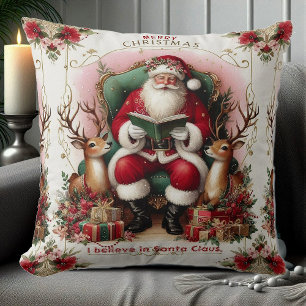 Merry Christmas Quote Santa Reading to Reindeers Cushion