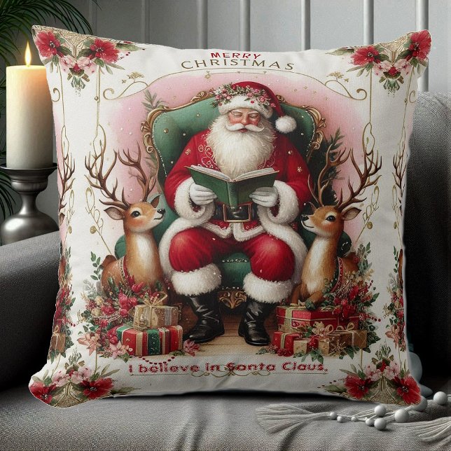 Merry Christmas Quote Santa Reading to Reindeers  Cushion (Merry Christmas Quote Santa Reading to Reindeers Throw Pillow)