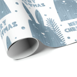 Merry Christmas Rabbit Grey Blue Metallic White Wrapping Paper