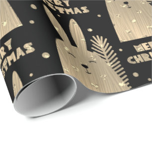 Merry Christmas Rabbit Sepia Gold Metallic Black Wrapping Paper