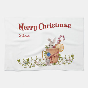 Merry Christmas Rabbit Teasing Bunny with Year Tea Towel