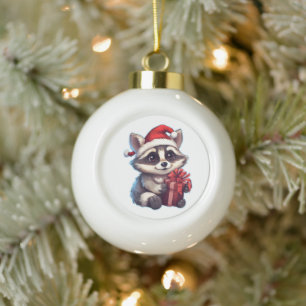 Merry Christmas Racoon Ceramic Ball Christmas Ornament