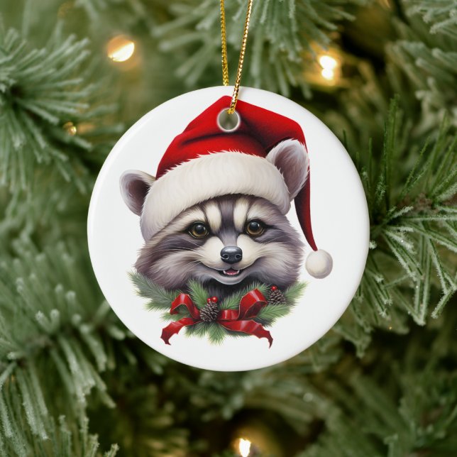 Merry Christmas Racoon in Santa Hat Holly Berries Ceramic Ornament (Tree)