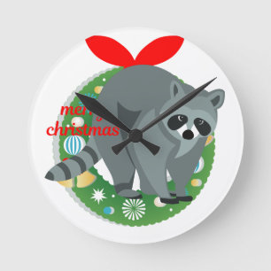 merry christmas racoon round clock