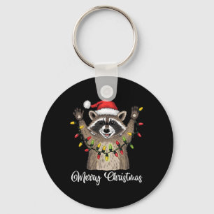 Merry Christmas Racoon Santa Hat Xmas Light Pjs M Key Ring