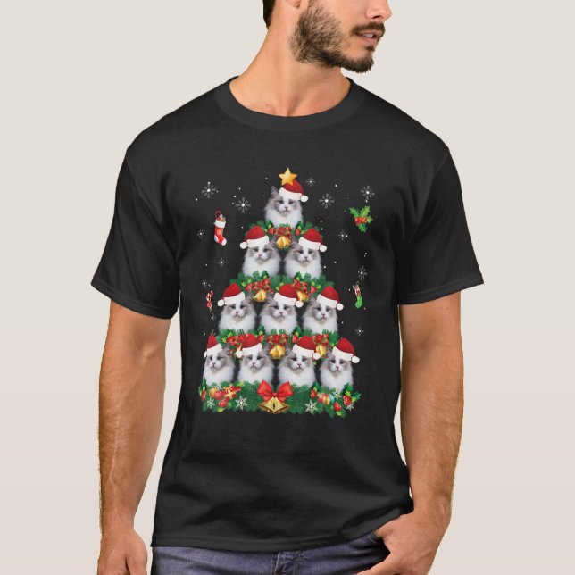 Merry Christmas Ragdoll Cat Santa Tree Pajama Ugly T-Shirt (Front)