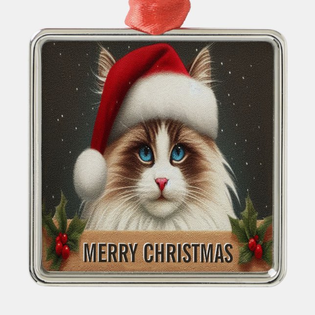Merry Christmas Ragdoll Cat, Xmas Santa Ragdoll Metal Ornament (Front)