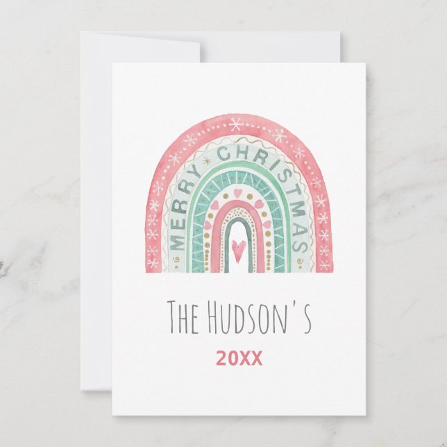 Merry Christmas Rainbow FAMILY NAME Watercolor Art Holiday Card (Front)