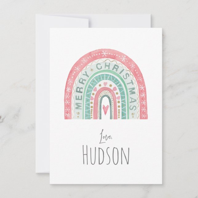 Merry Christmas Rainbow LOVE, NAME Kids Art Holiday Card (Front)