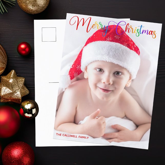 Merry Christmas Rainbow Script Overlay Photo Holiday Postcard (Creator Uploaded)