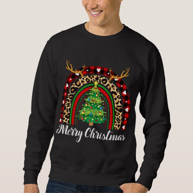 Merry Christmas Rainbow Tree Plaid Leopard Buffalo Sweatshirt (Front)