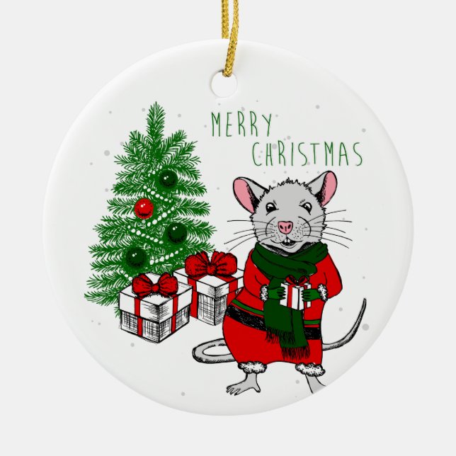 merry christmas rat ceramic ornament (Front)