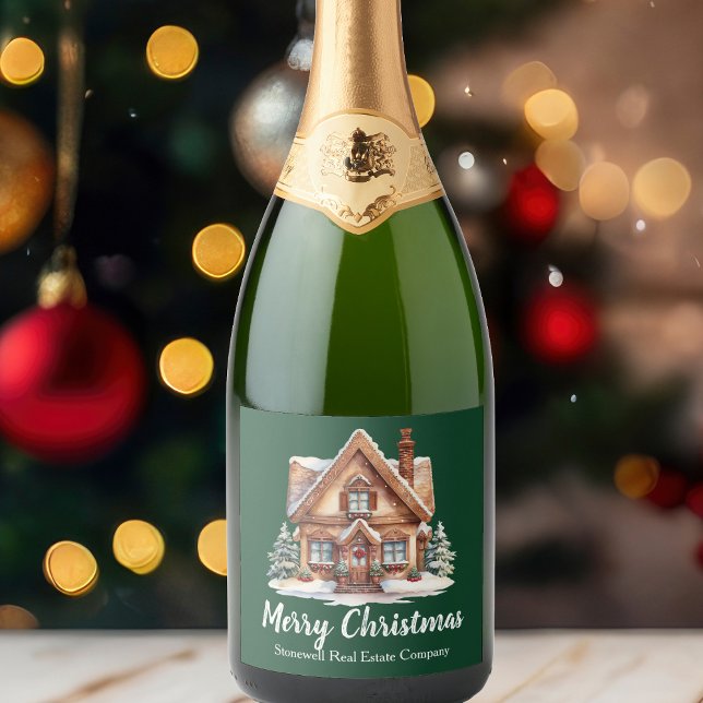 Merry Christmas Real Estate Company Green Party Sparkling Wine Label (Creator Uploaded)