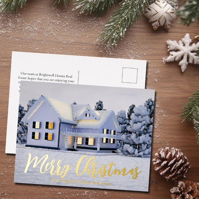 Merry Christmas Real Estate Company Winter Gold Foil Holiday Postcard (Creator Uploaded)