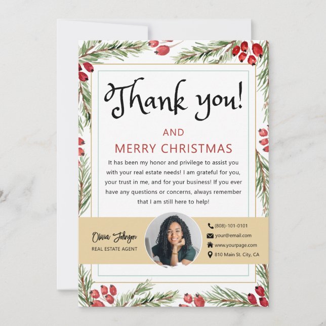 Merry Christmas Real Estate Photo Thank you Card (Front)