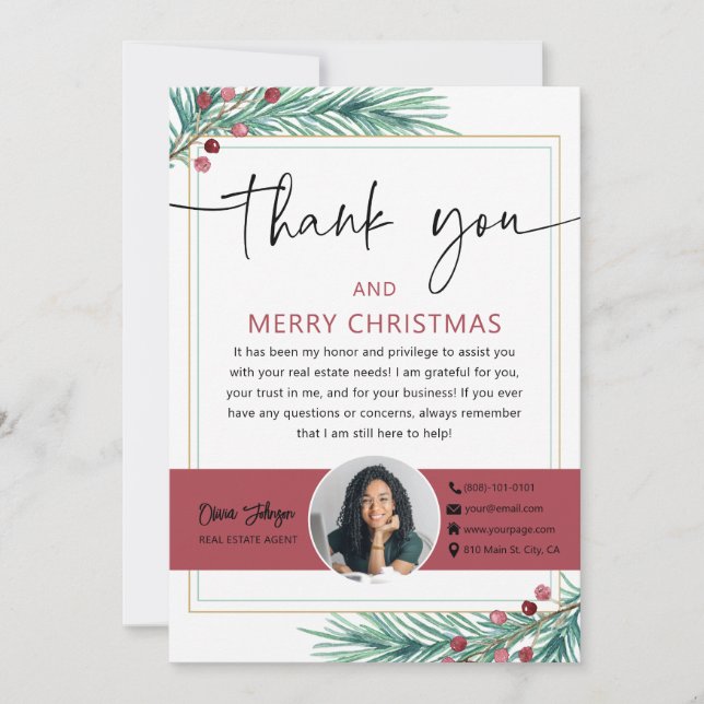 Merry Christmas Real Estate Photo Thank you Card (Front)