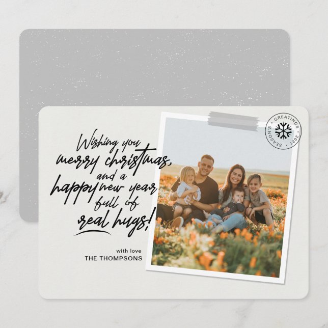 Merry Christmas Real Hugs Script Grey Photo Holiday Card (Front/Back)