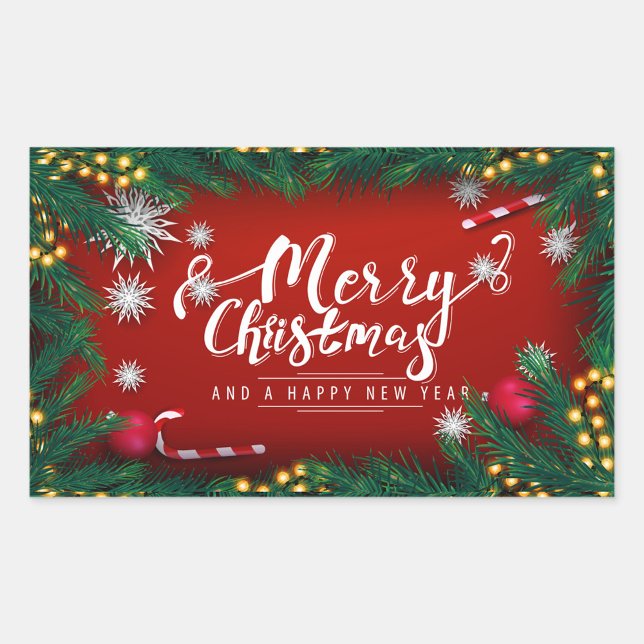 Merry Christmas Rectangular Sticker (Christmas stickers with a red background, the phrase "Merry Christmas and a Happy New Year"!)