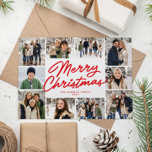 Merry Christmas red 10 photo collage Holiday Card