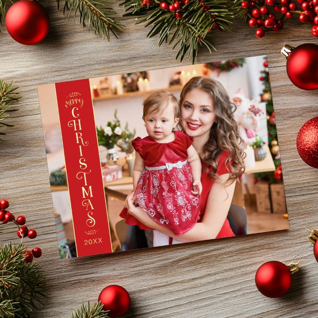 Merry Christmas red 2 photos family gold Foil Holiday Postcard (Creator Uploaded)
