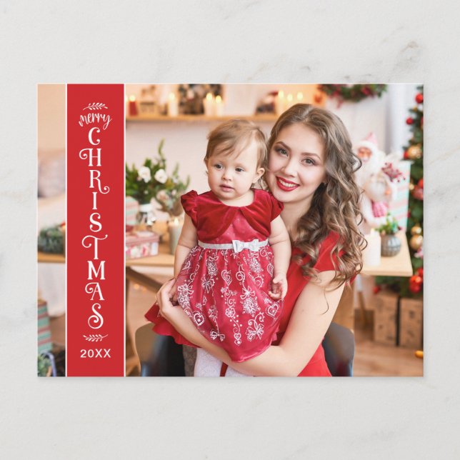 Merry Christmas red 2 photos family Holiday Postcard (Front)