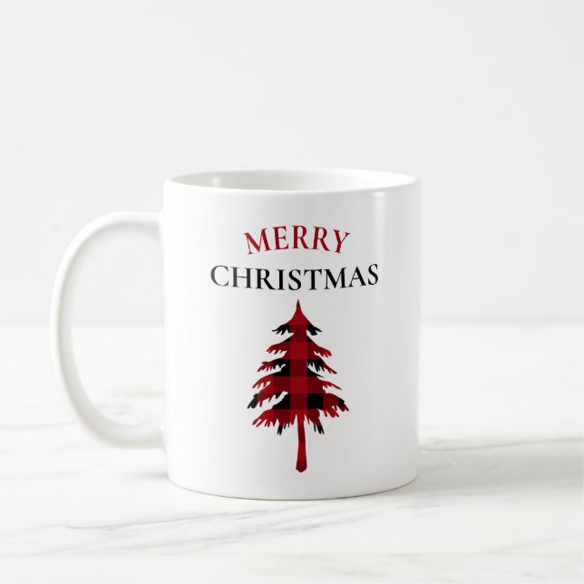Merry Christmas Red and Black Buffalo Plaid Coffee Mug (Left)