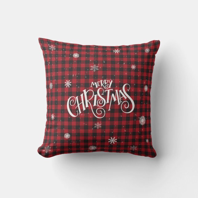 Merry Christmas Red and Black Buffalo Plaid Snowy Cushion (Front)