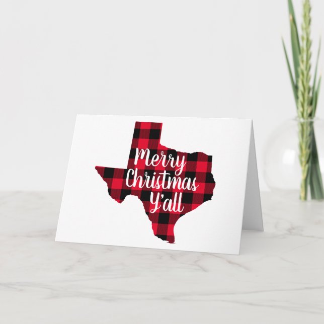 Merry Christmas Red and Black Buffalo Plaid Texas Holiday Card (Front)