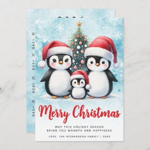 Merry Christmas Red and Blue Cute Penguin Family Holiday Card