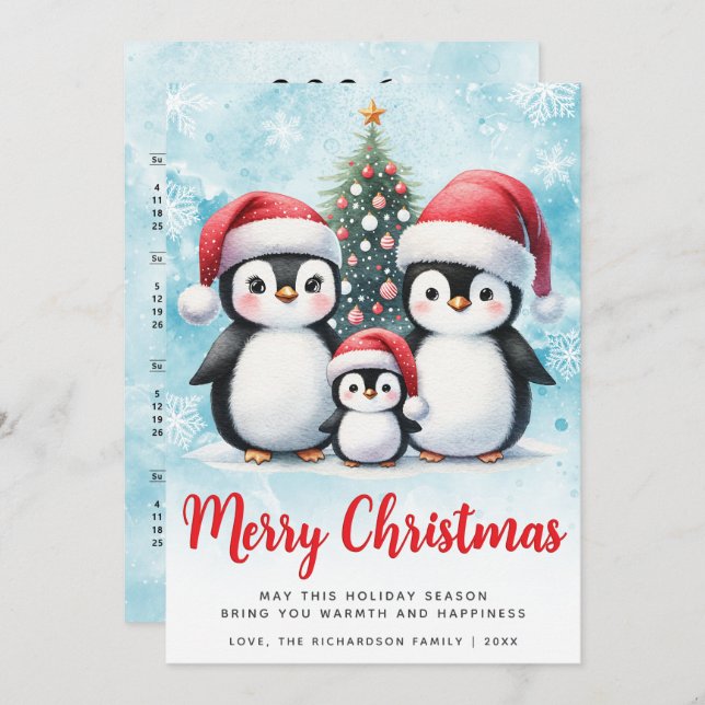Merry Christmas Red and Blue Cute Penguin Family Holiday Card (Front/Back)