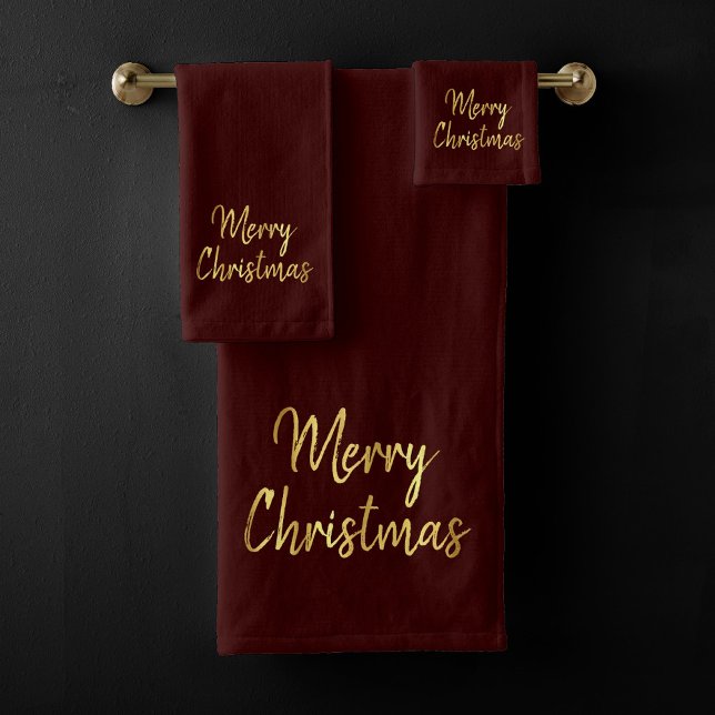 Merry Christmas | Red and Gold Modern Calligraphy Bath Towel Set (Creator Uploaded)