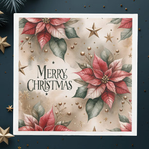 Merry Christmas, Red and Gold Poinsettia Napkin