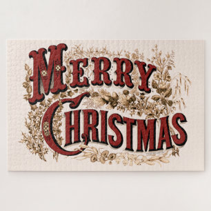 Merry Christmas - Red and Gold Postcard Jigsaw Puzzle