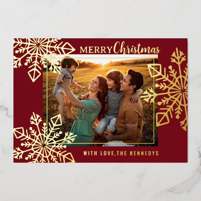 Merry Christmas Red And Gold Snowflakes Photo   Foil Holiday Card (Front)