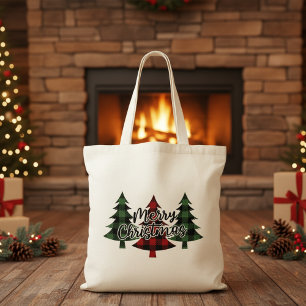 Merry Christmas Red and Green Buffalo Plaid Trees Tote Bag