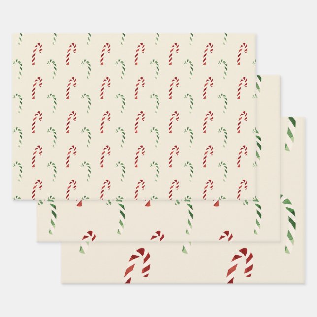 Merry Christmas Red and Green Candy Canes Wrapping Paper Sheet (Set)