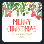 Merry Christmas Red And Green Family Square Sticker<br><div class="desc">Merry Christmas berries personalised family stickers.</div>
