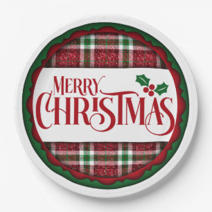 Merry Christmas Red and Green Plaid Paper Plates